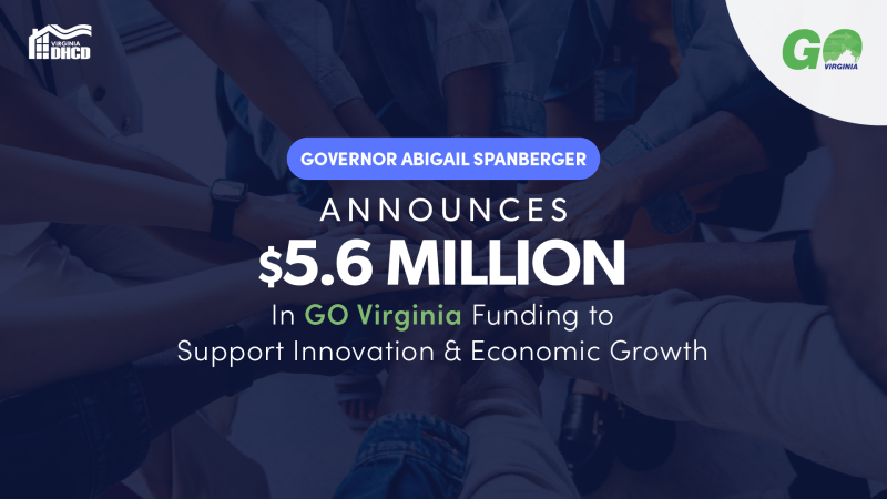 흰색 텍스트 내용: "Abigail Spanberger 주지사, $5.6 백만 달러의 GO Virginia 자금 지원을 통한 혁신 및 경제 성장 지원" 