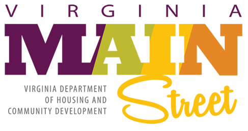 보라색·녹색·노란색·주황색 글씨로 쓰인 'Virginia Main Street, Virginia Department of Housing and Community Development' 문구