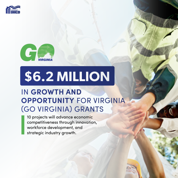 텍스트: $6.2백만 달러 규모의 Growth and Opportunity for Virginia 보조금(GO Virginia) - 혁신, 인력 개발 및 전략적 산업 성장을 통해 경제 경쟁력을 향상시키는 10개의 프로젝트