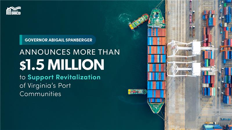 항구의 항공 사진 위로 'Abigail Spanberger 주지사, Virginia의 항구 활성화를 위해 $150만 달러 이상의 보조금 지원 박표 